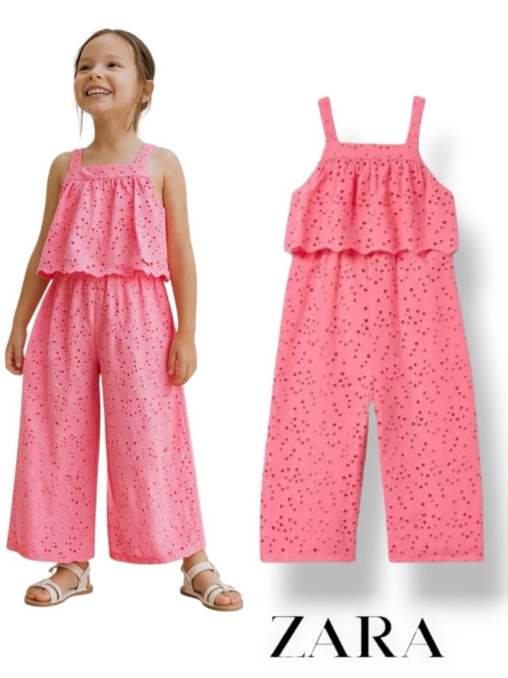 ZARA Girls Pink Embroidered Wide Leg Jumpsuit NWT Sizes 12-18M 3T 4T 6